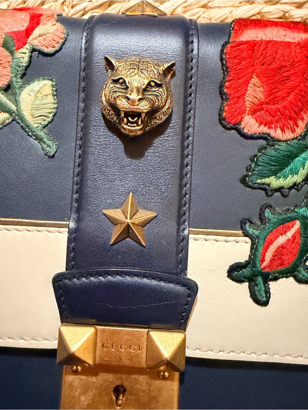 Gucci Blue Leather Striped Embroidered Riche Shoulder Bag - Picture 5 of 16